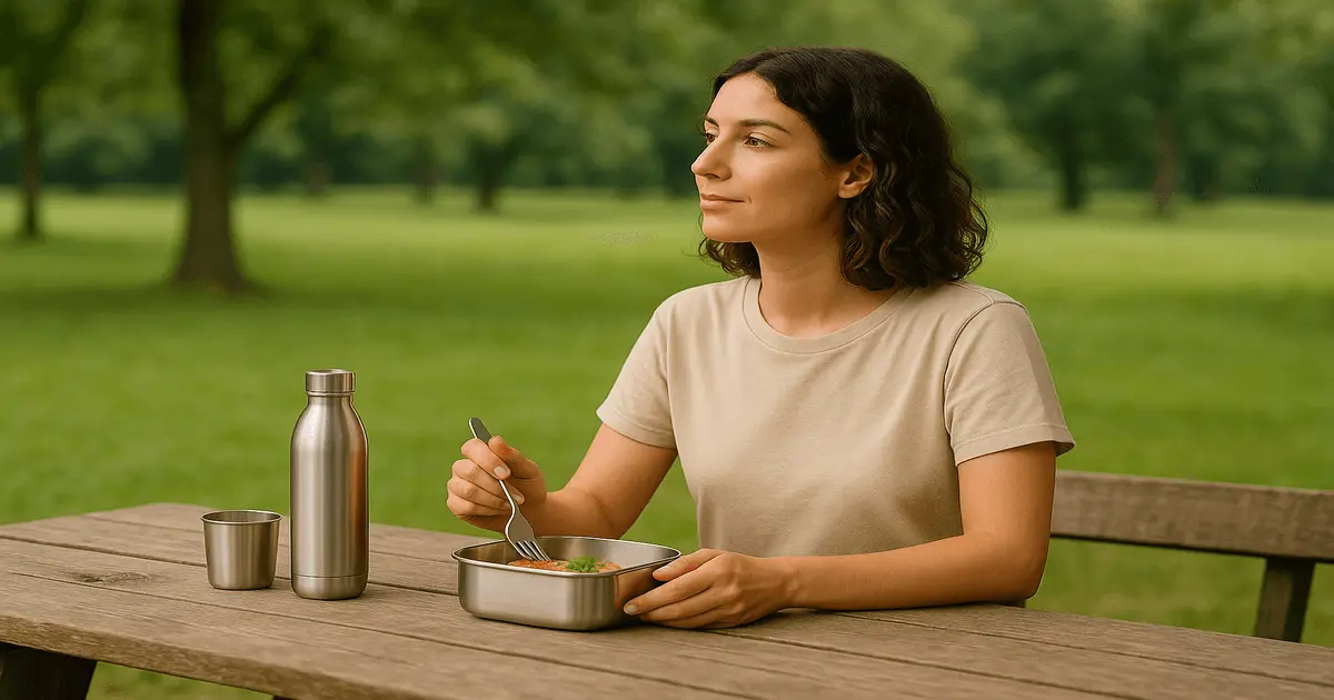 Mulher comendo em vasilha de inox no parque, com utensílios reutilizáveis, representando como adotar o lixo zero.