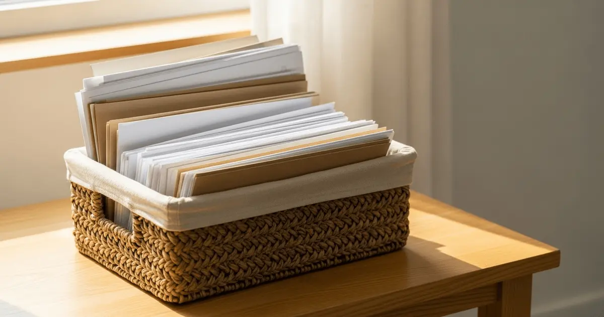 Cesta com papéis limpos e secos separados para reciclagem, mostrando a organização necessária para fazer papel reciclado em casa.