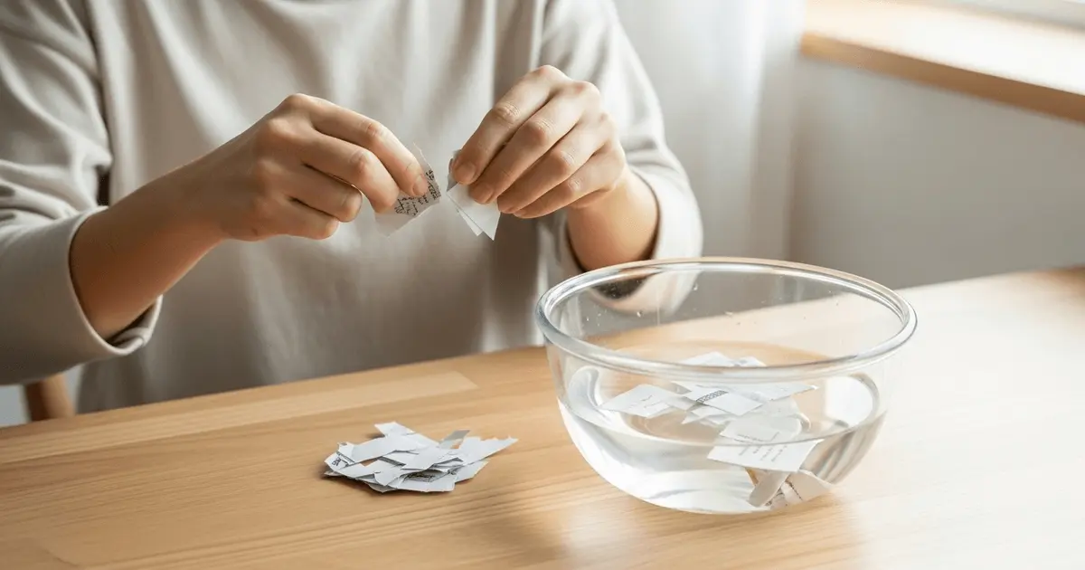 Pessoa rasgando papéis em pedaços e colocando em tigela com água para iniciar o processo de como fazer papel reciclado em casa.