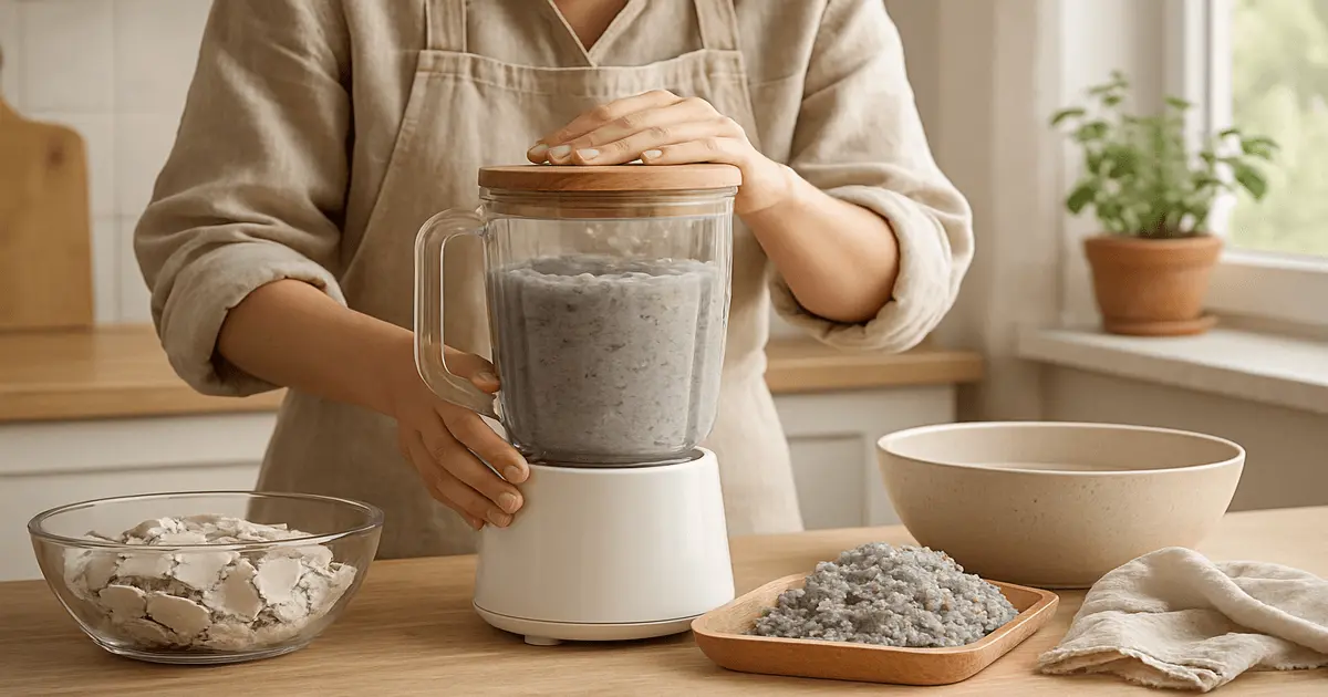 Bater papel usado e água no liquidificador para formar polpa homogênea de papel reciclado artesanal.