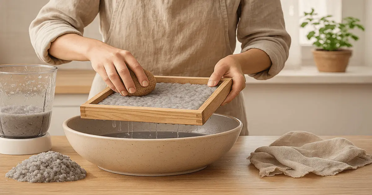 Despejar polpa de papel reciclado na peneira e pressionar com bucha para remover a água, em processo artesanal.