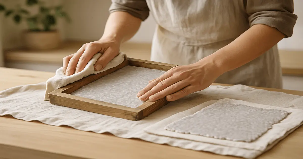 Transferir papel reciclado úmido para pano de algodão e pressionar até soltar da forma, deixando secar naturalmente.
