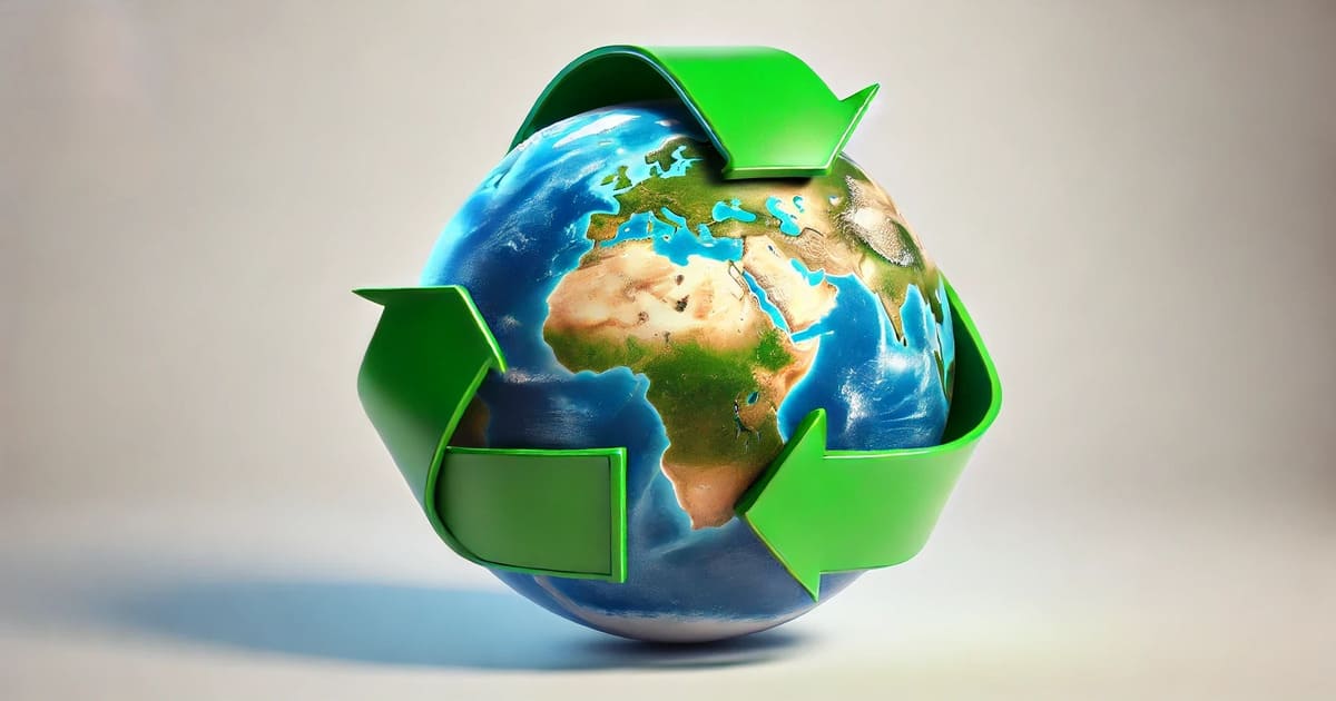 Planeta Terra envolto por setas verdes de reciclagem, simbolizando a importância da sustentabilidade e preservação ambiental.