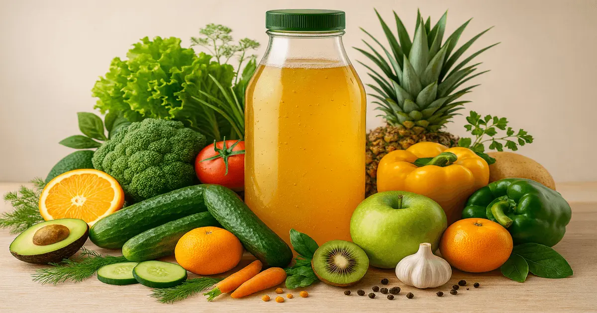 Frasco de eco-enzima cercado por frutas e vegetais frescos sobre mesa de madeira, em cenário natural e minimalista.