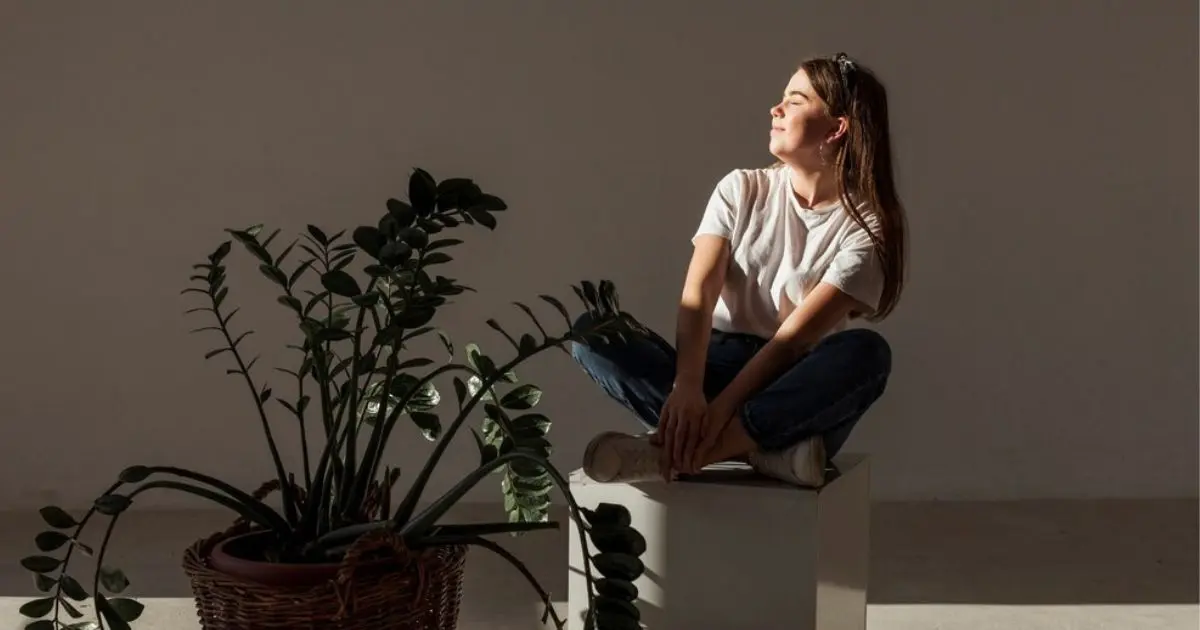 alt="Mulher sentada em cubo branco apreciando a luz do sol ao lado de planta, simbolizando minimalismo como estilo de vida com conexão à natureza e simplicidade no ambiente.
