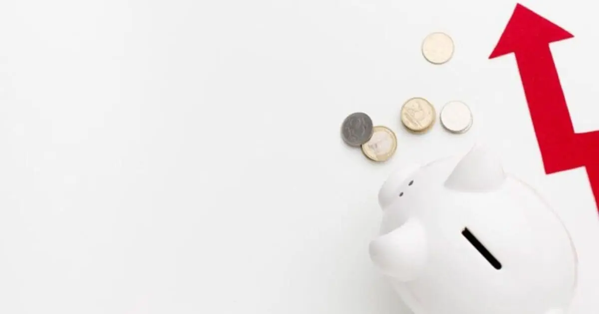 Moedas ao lado de uma seta vermelha ascendente, representando o crescimento com minimalismo financeiro.