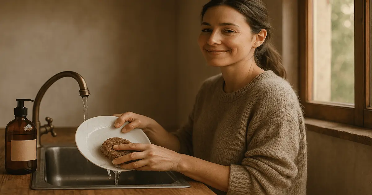 Mulher sorridente lavando pratos com detergente natural em uma cozinha aconchegante, destacando sustentabilidade.