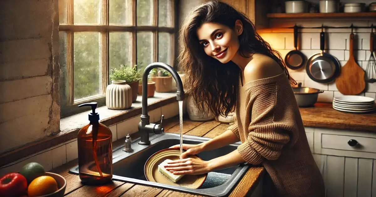 Mulher sorridente lavando pratos com detergente natural em uma cozinha aconchegante, destacando sustentabilidade.