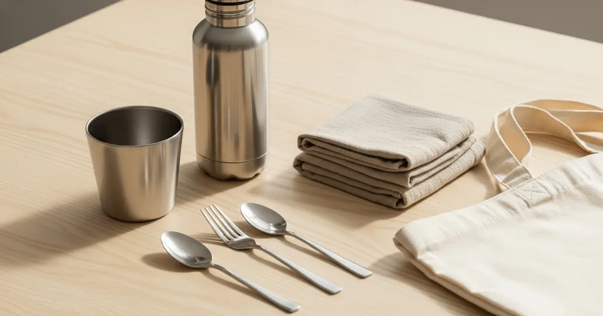 Mesa de madeira com copo e garrafa de inox, talheres e eco bag, mostrando alternativas ao impacto do plástico.