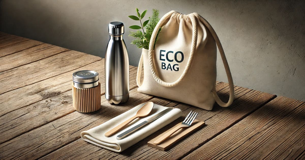 Kit sustentável com eco bag, garrafa de aço inoxidável, talheres reutilizáveis e pote de bambu sobre mesa de madeira.