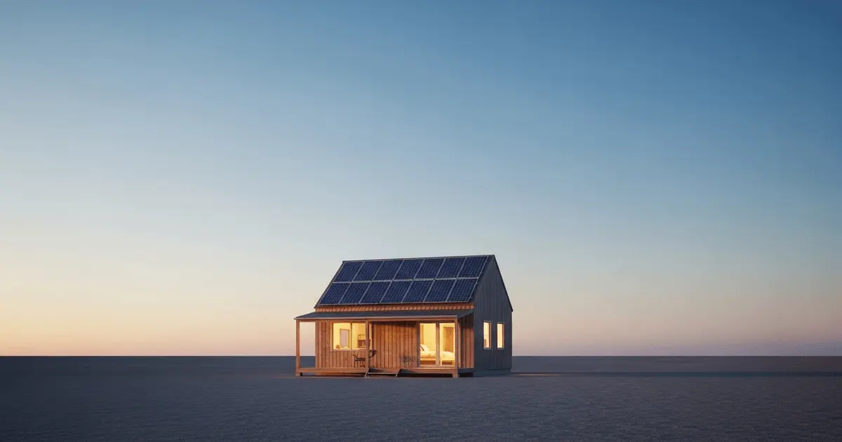 Casinha simples de madeira com luz acesa e painéis solares no telhado, representando como economizar usando energia solar.