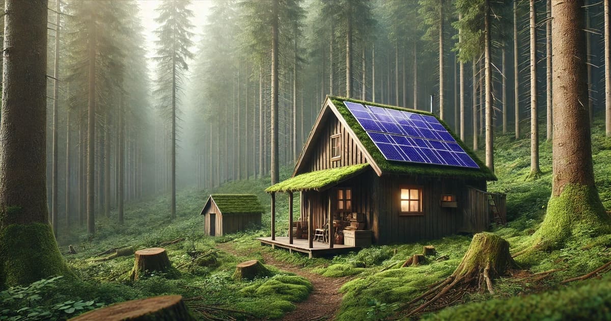 Cabana em uma floresta densa com painéis solares no telhado, simbolizando autossuficiência e uso de energia solar.