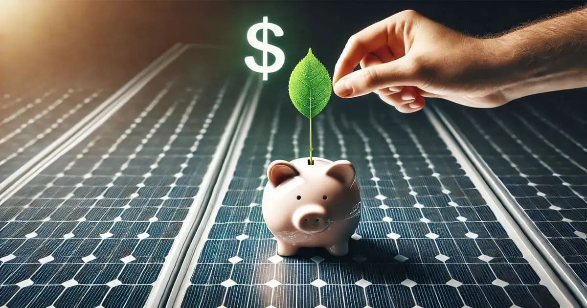 Mão inserindo uma folha em um cofrinho sobre painéis solares, simbolizando economia com energia solar e sustentabilidade.