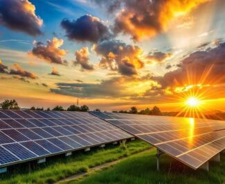 Painéis solares em um campo verde ao pôr do sol, destacando o uso de energia solar como uma solução sustentável.