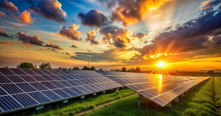 Painéis solares em um campo verde ao pôr do sol, destacando o uso de energia solar como uma solução sustentável.