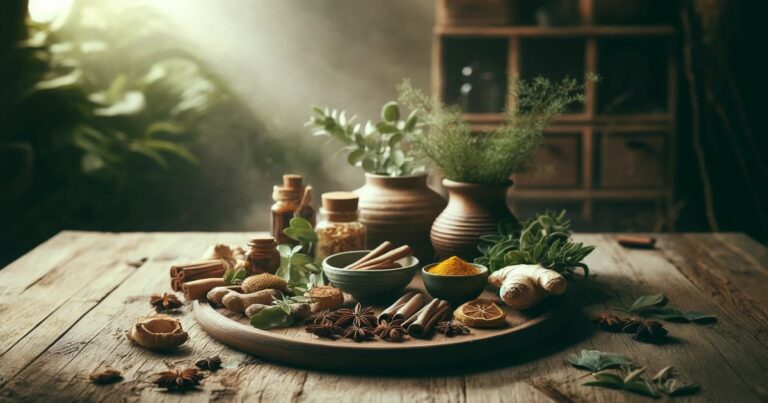 Ayurveda: uma mesa rústica de madeira com ervas frescas, especiarias e raízes em um ambiente sereno e natural.