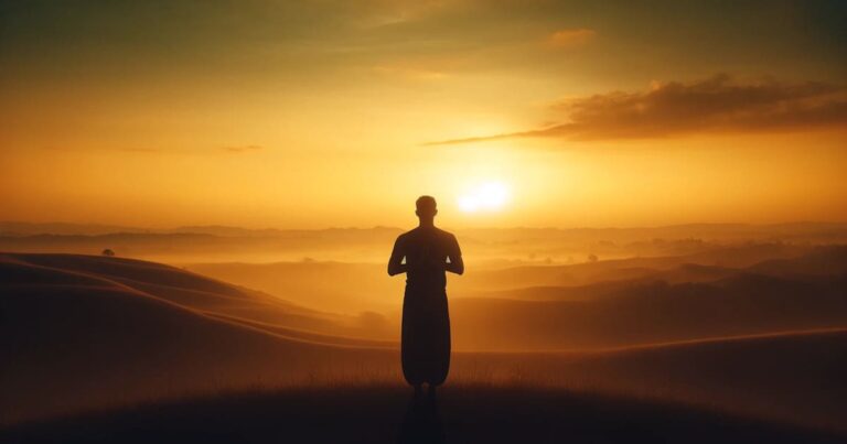 Pessoa agradecida contemplando o pôr do sol em um vasto deserto, com colinas suaves e céu alaranjado.