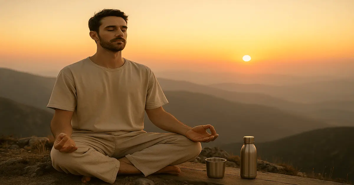 Homem meditando no topo da montanha ao pôr do sol, de olhos fechados e expressão serena, refletindo gratidão interior.