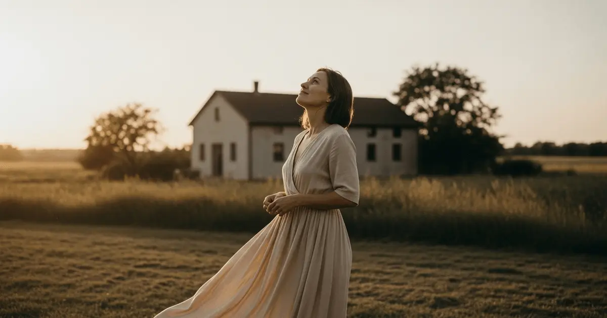 Mulher de vestido bege olha para o céu sorrindo diante de uma casa de campo, expressando leveza e gratidão.
