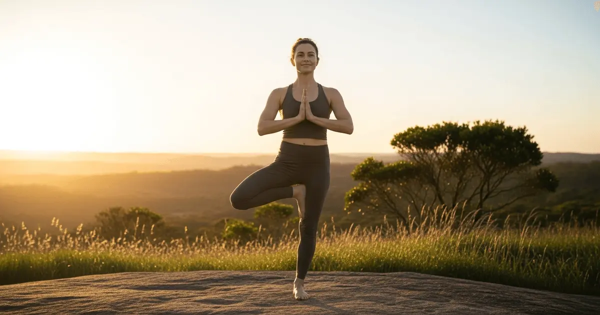 Mulher praticando postura da árvore ao pôr do sol, simbolizando equilíbrio, bem-estar e harmonia inspirados no ayurveda.