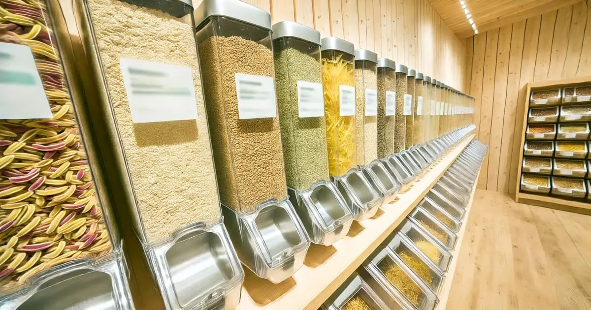 Loja de alimentos a granel com exposição organizada, promovendo práticas sustentáveis e hábitos minimalistas no consumo diário.