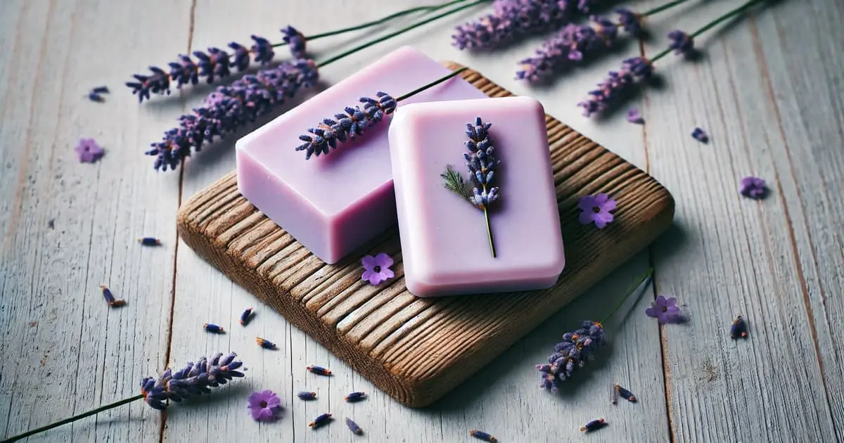 Sabonete artesanal de lavanda decorados com ramos da flor sobre uma base de madeira, rodeados por flores de lavanda.