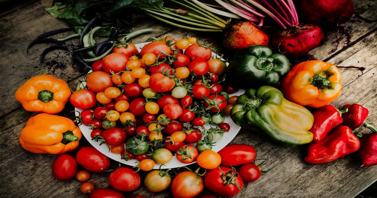 Variedade de legumes frescos, incluindo tomates e pimentões, colhidos de uma horta orgânica no apartamento.