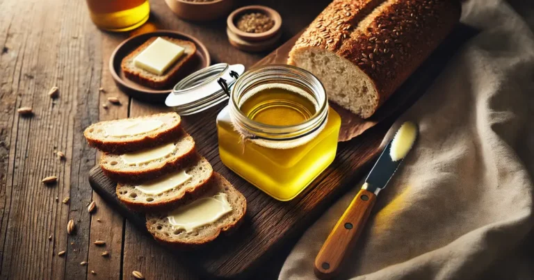 Manteiga ghee caseira em pote de vidro, acompanhada de pão integral e sementes.