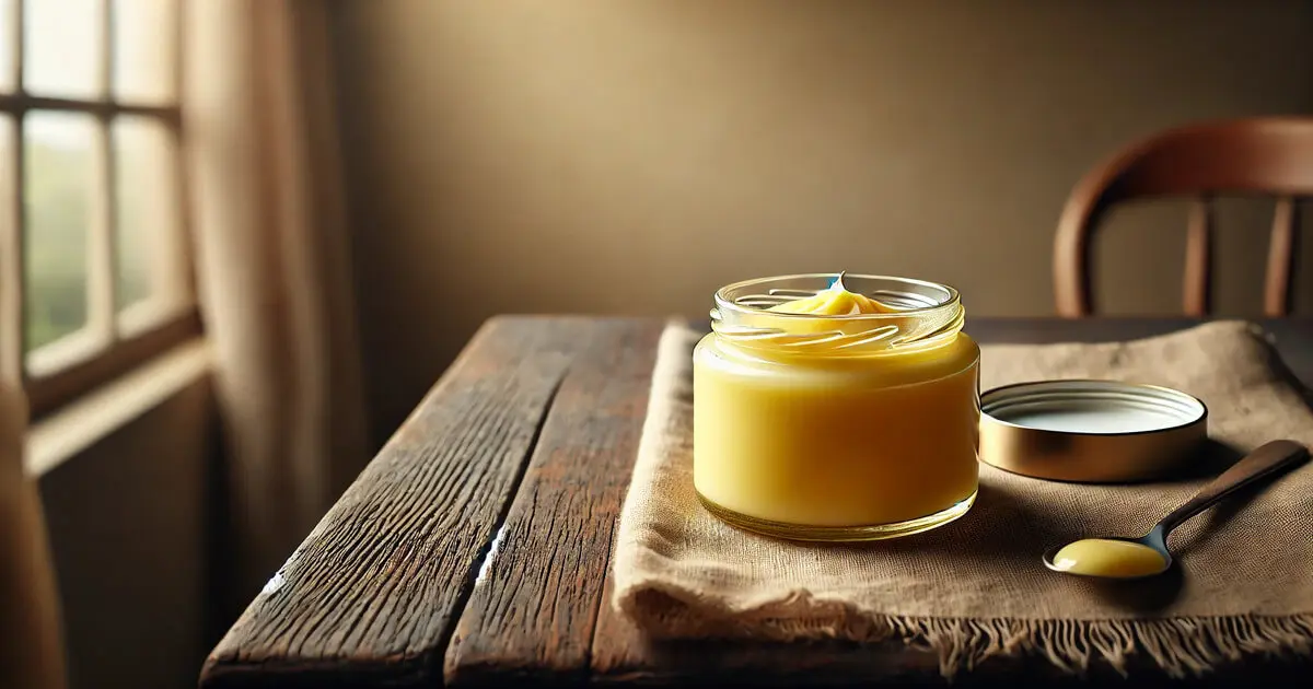 Pote de vidro com manteiga ghee sobre mesa de madeira, próxima a uma janela.