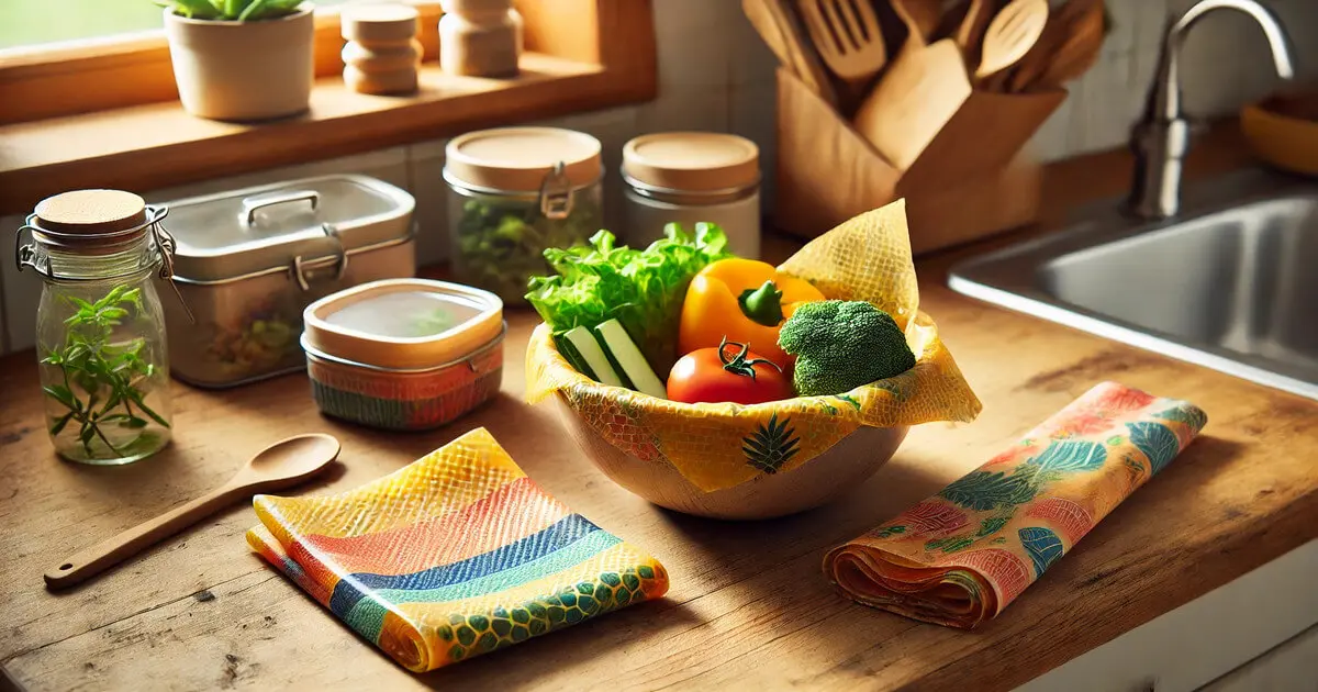 Wraps de cera de abelha cobrindo tigela com vegetais frescos em cozinha sustentável, com utensílios ecológicos ao fundo.
