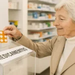 Senhora idosa fazendo o descarte correto de medicamentos vencidos em farmácia, mostrando atitude sustentável e consciente.