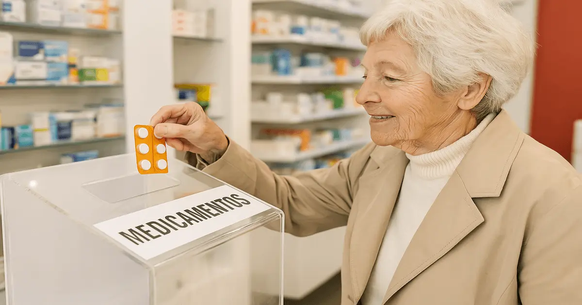 Senhora idosa fazendo o descarte correto de medicamentos vencidos em farmácia, mostrando atitude sustentável e consciente.