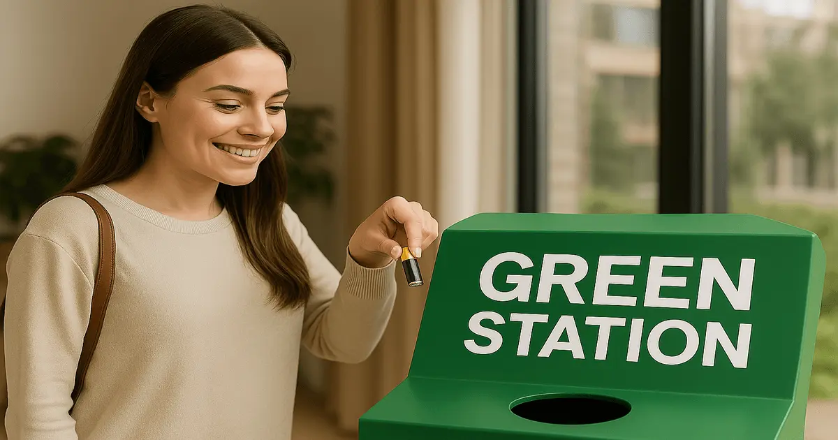 Mulher jovem sorridente realizando o descarte correto de pilhas em uma estação Green Station, promovendo o cuidado com o meio ambiente.