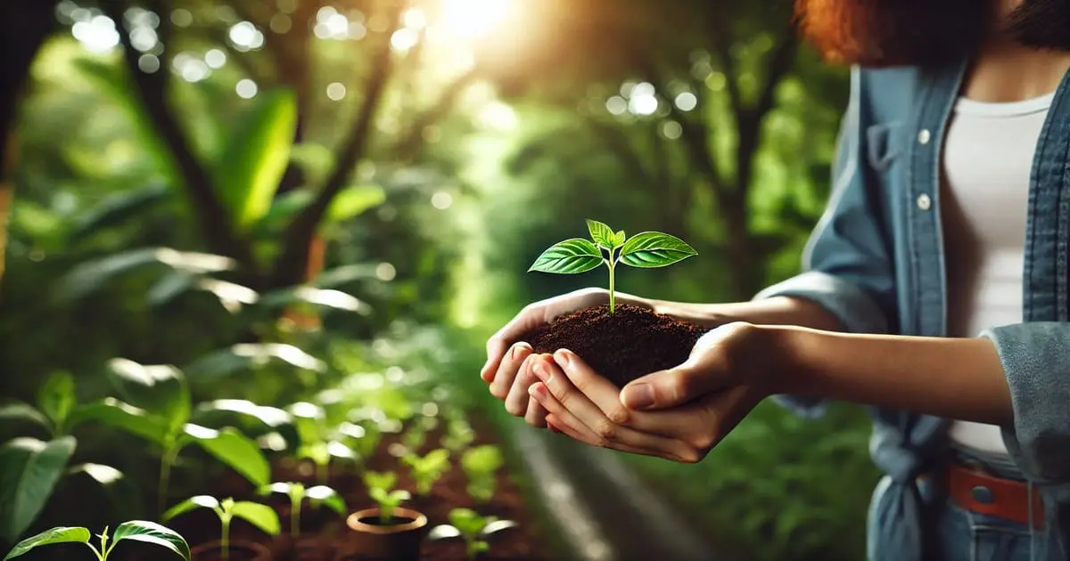 Mãos segurando uma muda de planta, simbolizando uma atitude econsciente de cuidado com o meio ambiente.