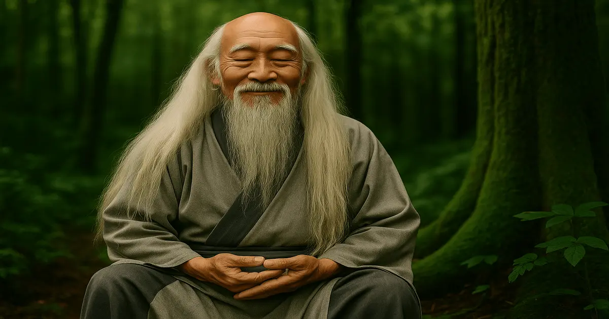 Lao Tsé meditando em floresta verde, sorrindo com serenidade, representando o wu wei e a consciência plena.