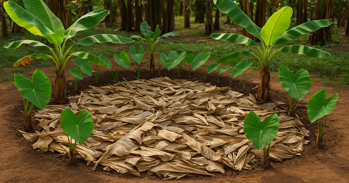 Círculo de bananeiras com palha seca no centro e taiobas ao redor, formando parte do sistema de fossa sustentável.