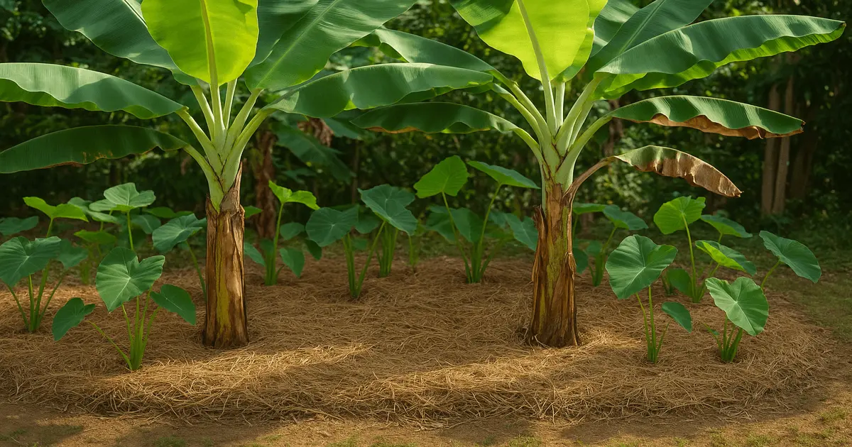 Bananeiras e taiobas plantadas em fileiras sobre palha seca, mostrando um sistema de fossa sustentável em área rural.