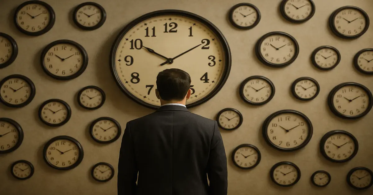 Homem de costas diante de relógios na parede, representando os desafios do minimalismo e gestão de tempo na vida moderna.