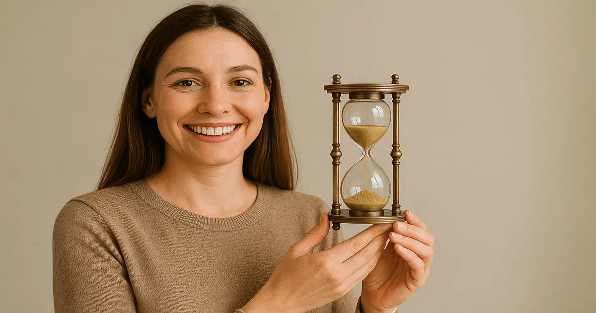 Mulher sorridente segura ampulheta, simbolizando minimalismo e gestão de tempo com leveza e presença no dia a dia.