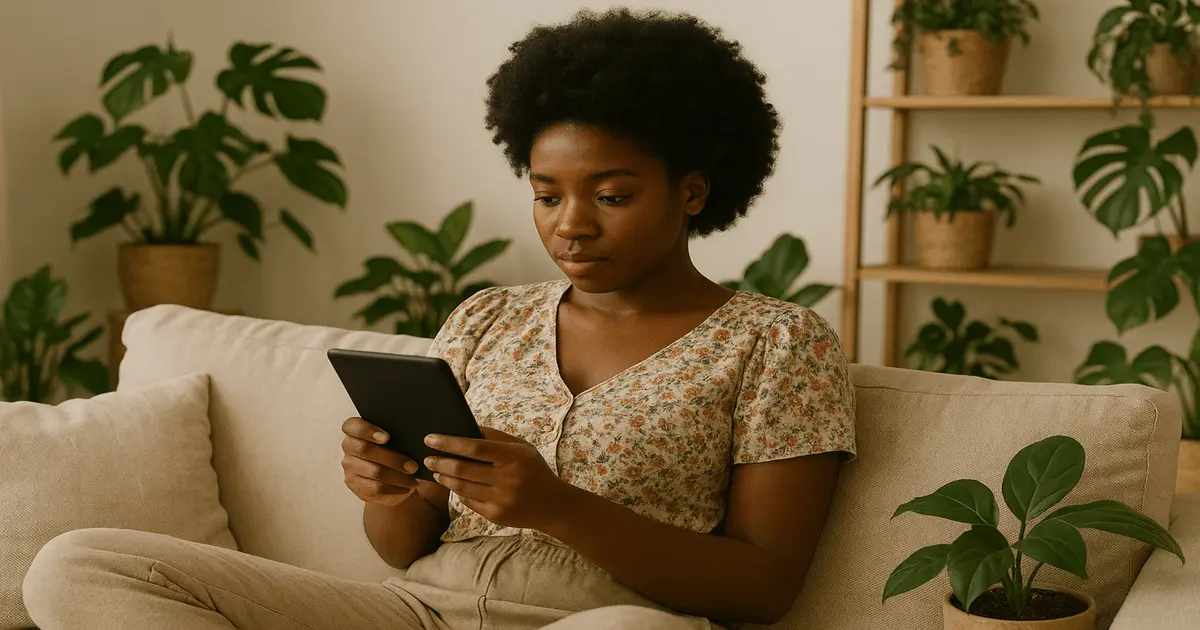 Jovem africana lê Kindle sentada em sala acolhedora cercada por plantas que purificam o ar em tom minimalista.