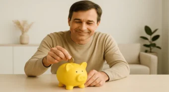 Homem sorridente coloca moedas no cofrinho amarelo mostrando como gastar menos dinheiro com escolhas conscientes.