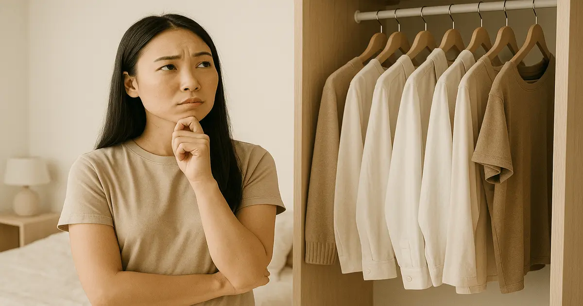 Mulher em dúvida diante do guarda-roupa minimalista reflete como gastar menos dinheiro com consumo consciente.