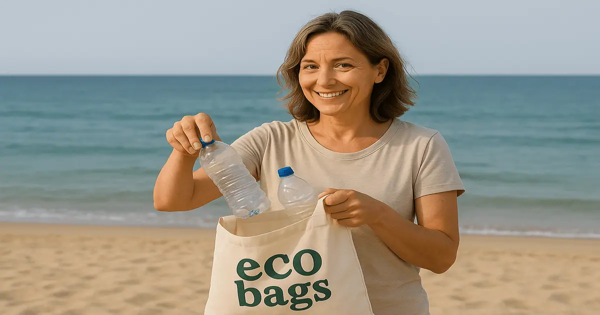 Mulher na praia coleta garrafas plásticas na eco-bag representando ação consciente sobre o que são microplásticos.