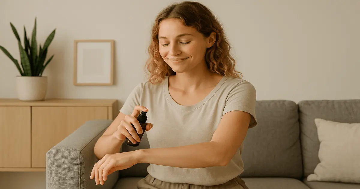 Mulher aplica receita de repelente caseiro no braço sentada no sofá em ambiente minimalista e sustentável.