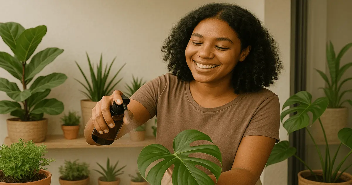 Mulher sorridente usa receita de repelente caseiro natural na varanda cercada por plantas em casa sustentável.