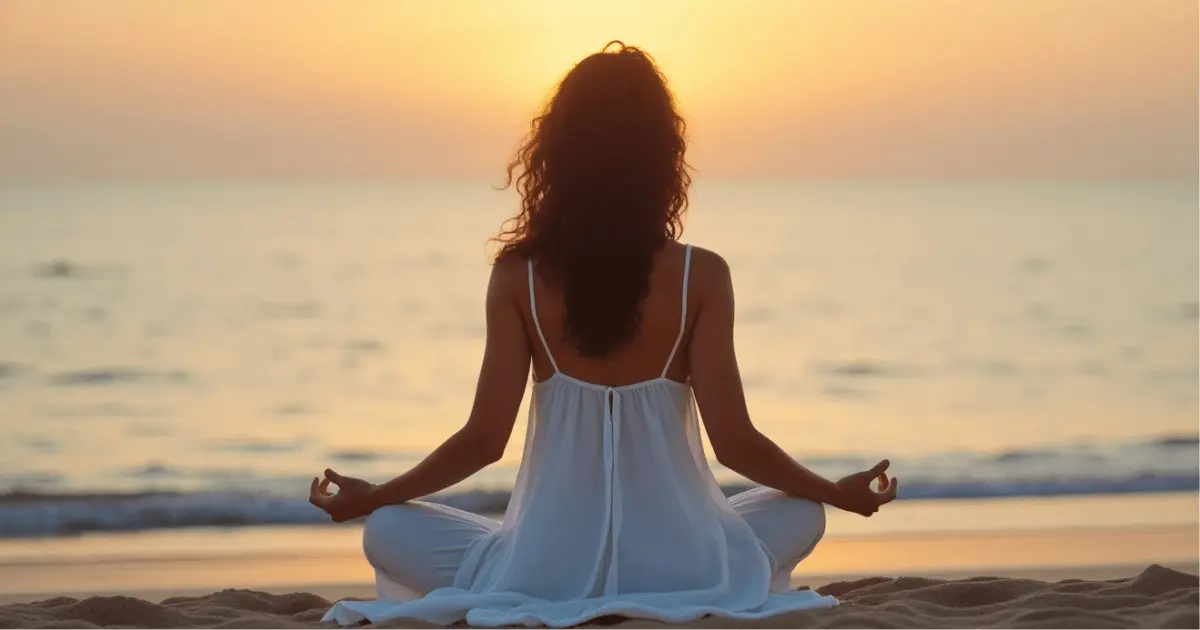 Prática de mauna ao amanhecer, mulher sentada em meditação na praia, cultivando silêncio, paz e conexão interior.