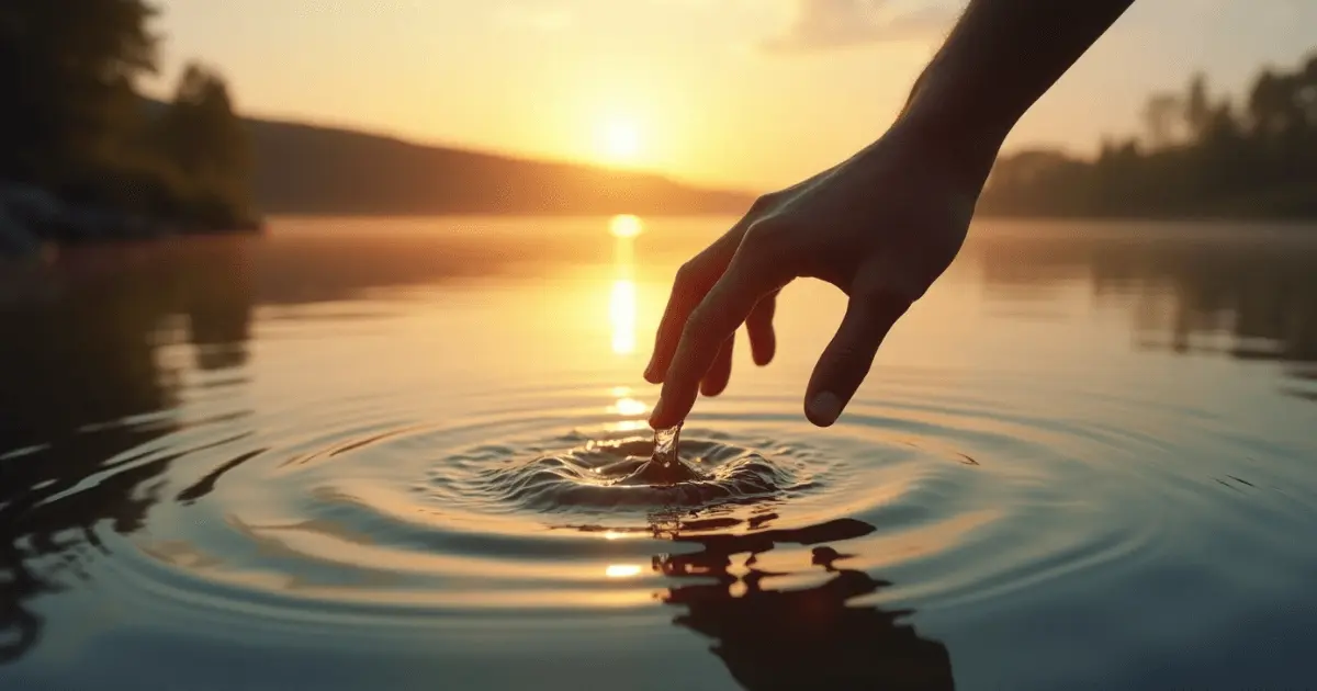 Mauna ao pôr do sol, toque suave na água de um lago calmo, simbolizando silêncio interior, calma e conexão.