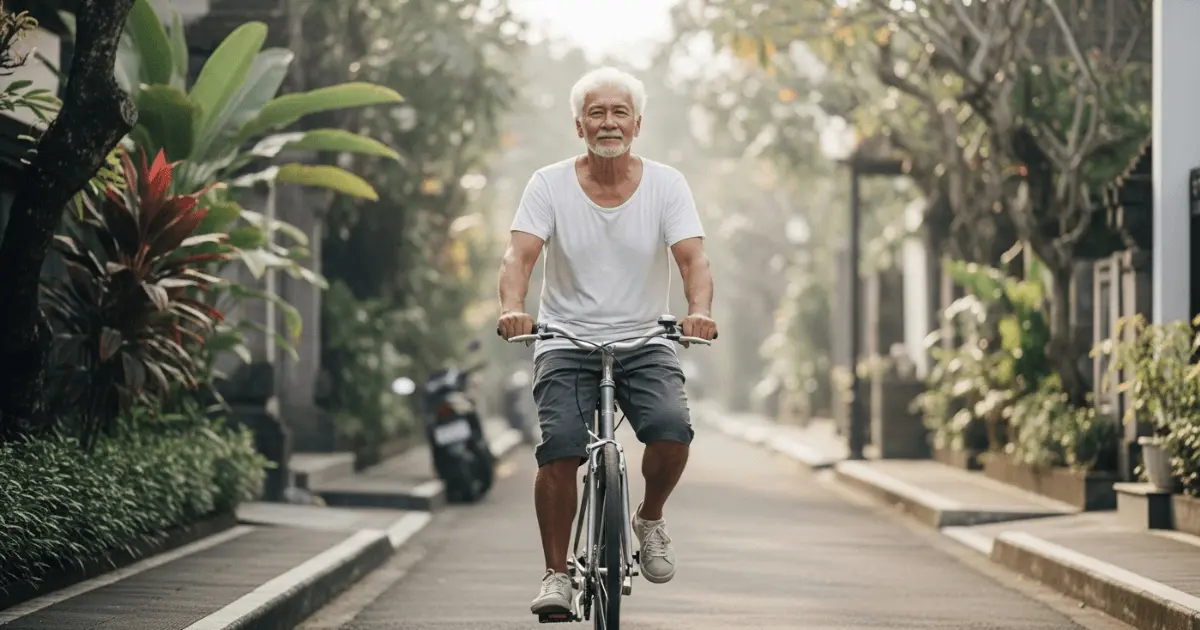 Homem idoso praticando minimalismo emocional ao pedalar tranquilo por rua arborizada e silenciosa.