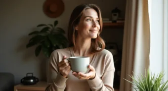 Mulher pratica minimalismo emocional ao contemplar a vista com chá nas mãos e um sorriso leve no rosto.