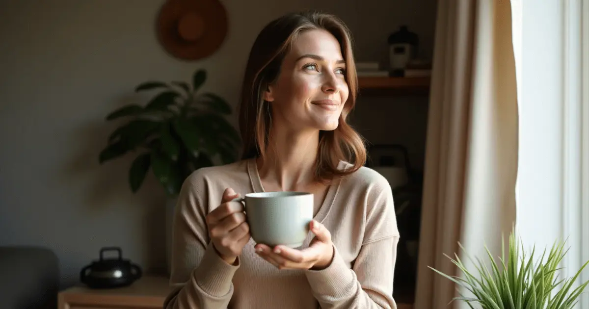 Mulher pratica minimalismo emocional ao contemplar a vista com chá nas mãos e um sorriso leve no rosto.